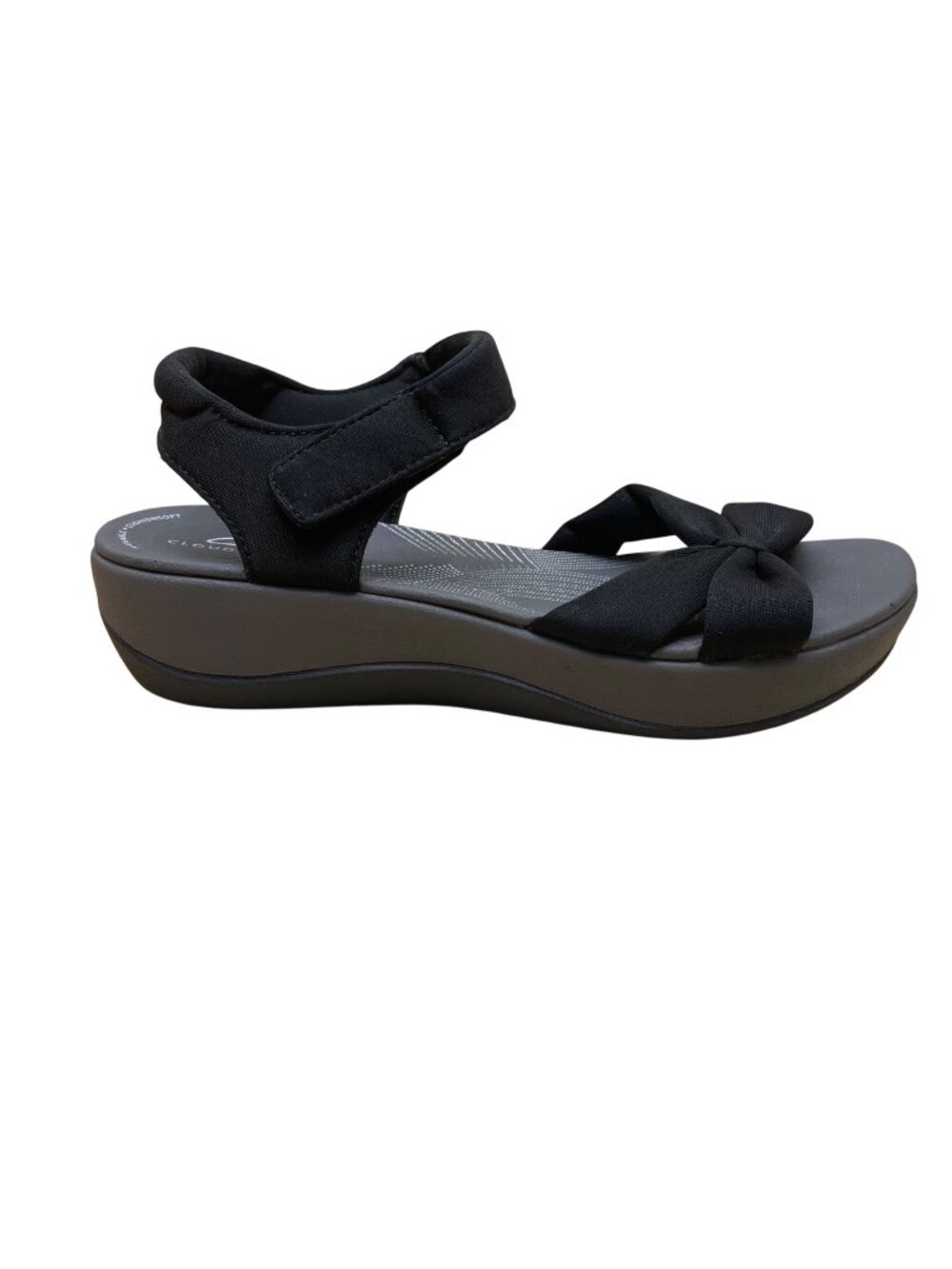 Clarks Women's Black Fabric Adhesive Strap Closure Bow Detail Sandals Size 7.5